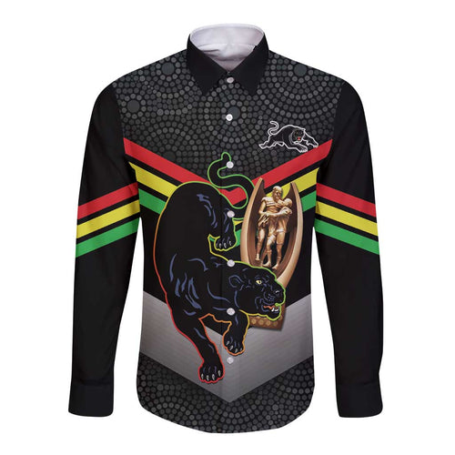 Personalised Panthers Rugby 2024 Long Sleeve Button Shirt Mascot With Trophy Go Champions Aboriginal Art