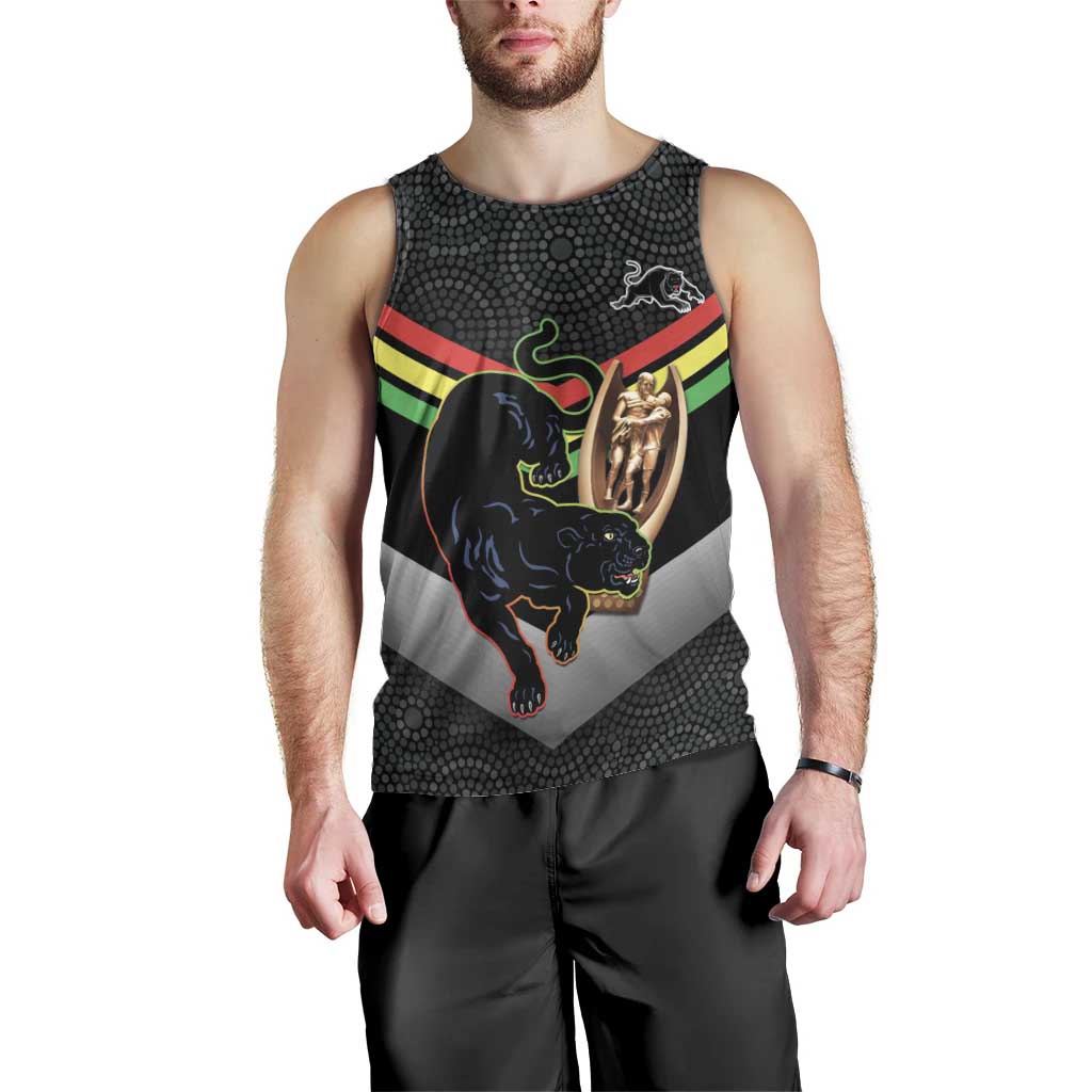 Personalised Panthers Rugby 2024 Men Tank Top Mascot With Trophy Go Champions Aboriginal Art