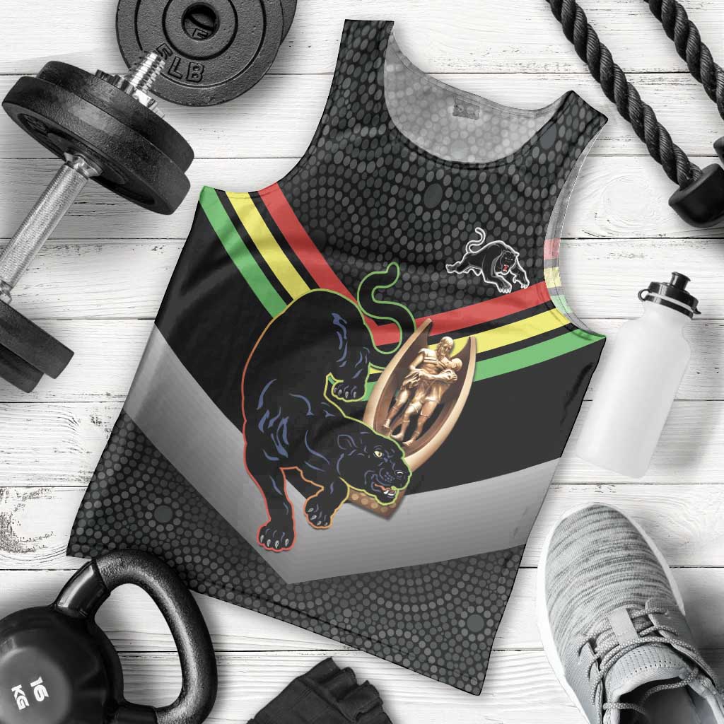 Personalised Panthers Rugby 2024 Men Tank Top Mascot With Trophy Go Champions Aboriginal Art