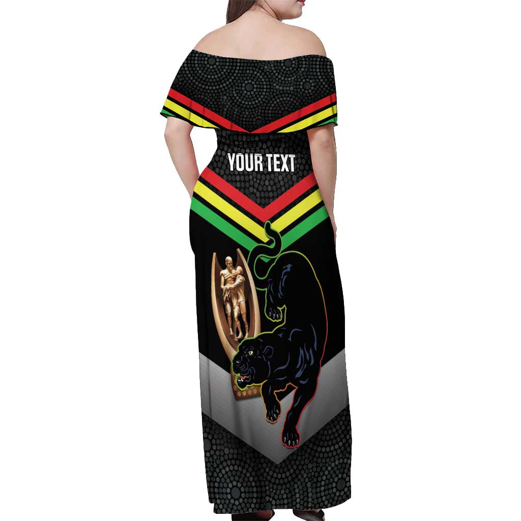 Personalised Panthers Rugby 2024 Off Shoulder Maxi Dress Mascot With Trophy Go Champions Aboriginal Art