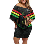 Personalised Panthers Rugby 2024 Off Shoulder Short Dress Mascot With Trophy Go Champions Aboriginal Art