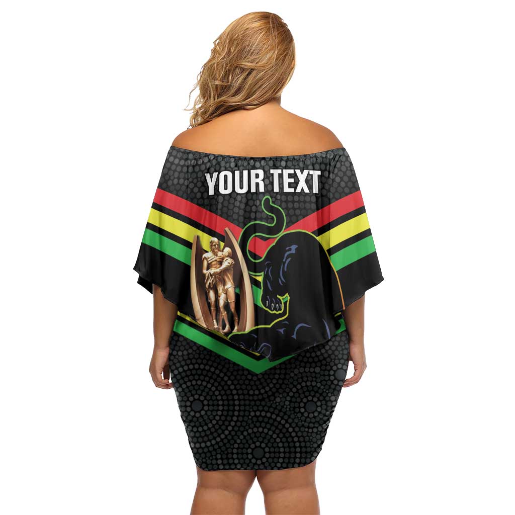 Personalised Panthers Rugby 2024 Off Shoulder Short Dress Mascot With Trophy Go Champions Aboriginal Art