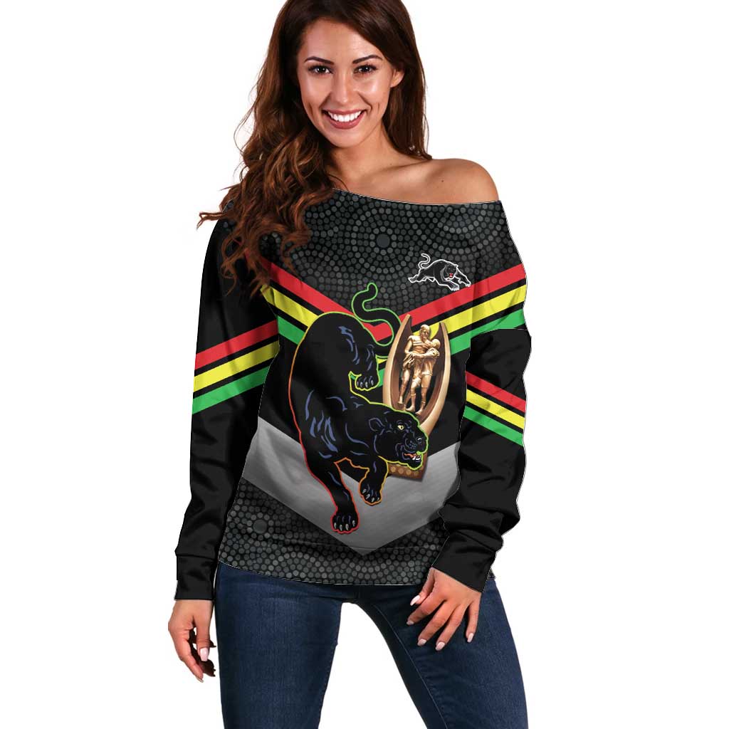 Personalised Panthers Rugby 2024 Off Shoulder Sweater Mascot With Trophy Go Champions Aboriginal Art