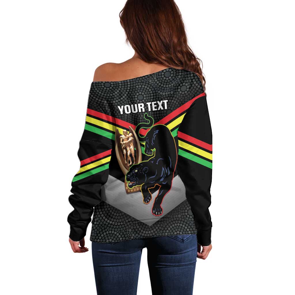 Personalised Panthers Rugby 2024 Off Shoulder Sweater Mascot With Trophy Go Champions Aboriginal Art