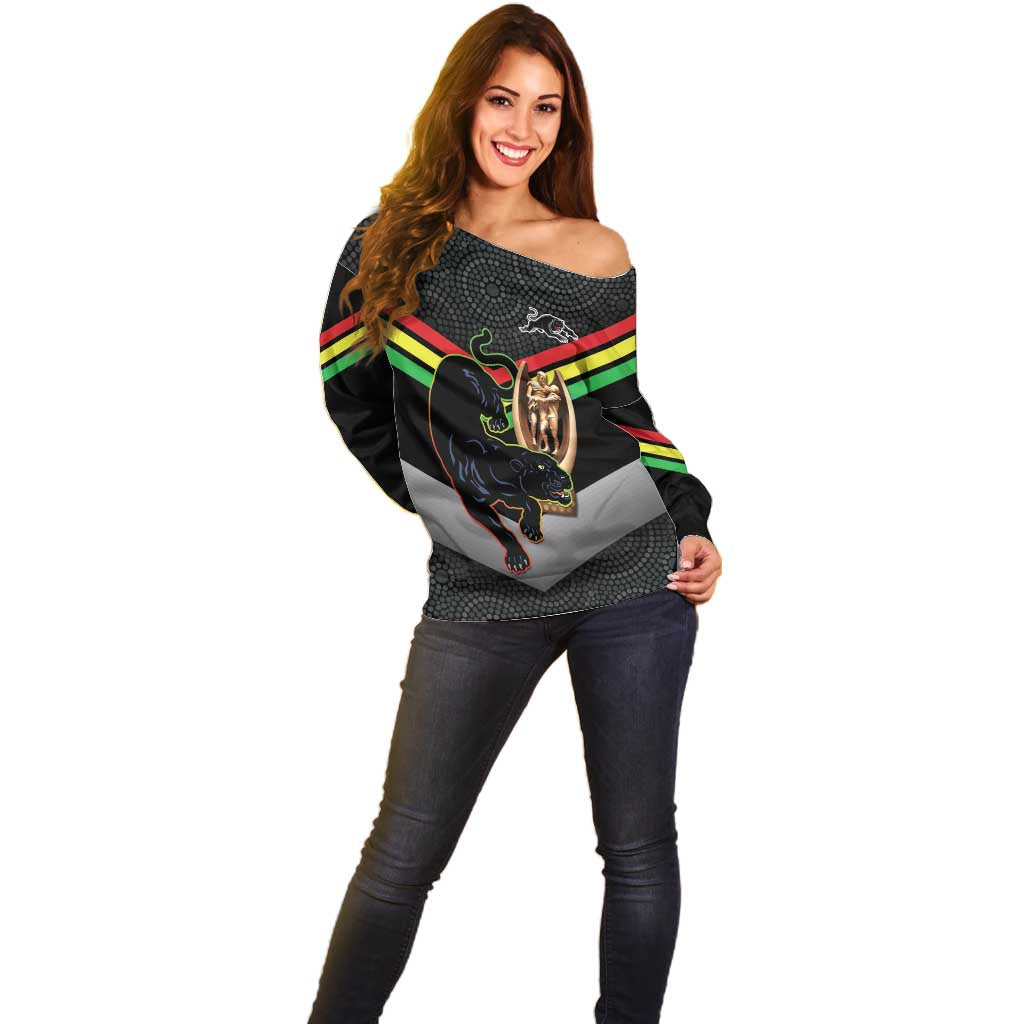 Personalised Panthers Rugby 2024 Off Shoulder Sweater Mascot With Trophy Go Champions Aboriginal Art