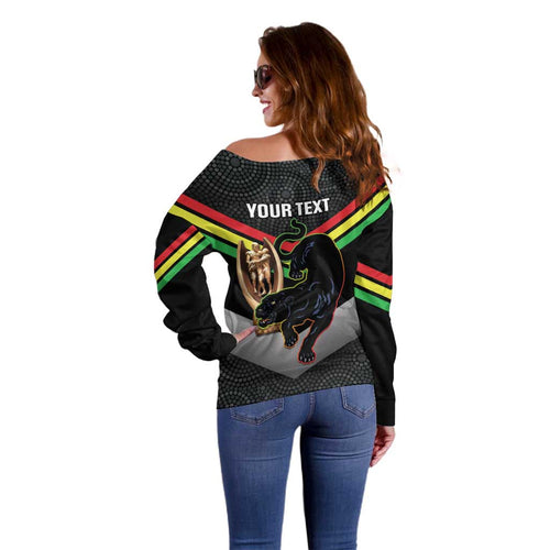 Personalised Panthers Rugby 2024 Off Shoulder Sweater Mascot With Trophy Go Champions Aboriginal Art