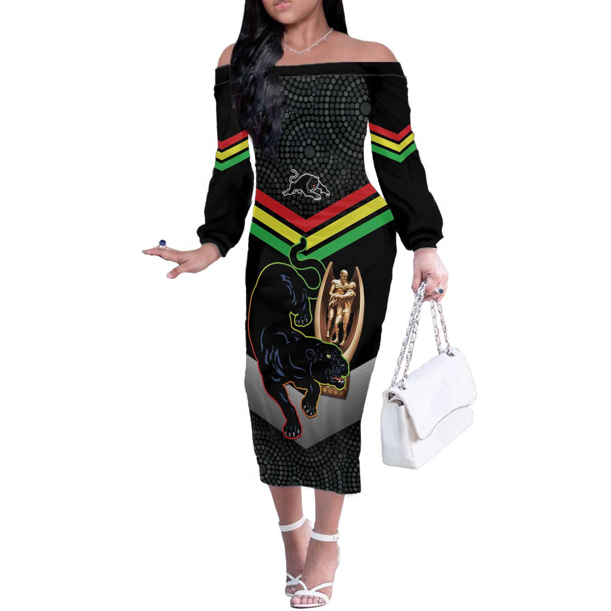 Personalised Panthers Rugby 2024 Off The Shoulder Long Sleeve Dress Mascot With Trophy Go Champions Aboriginal Art