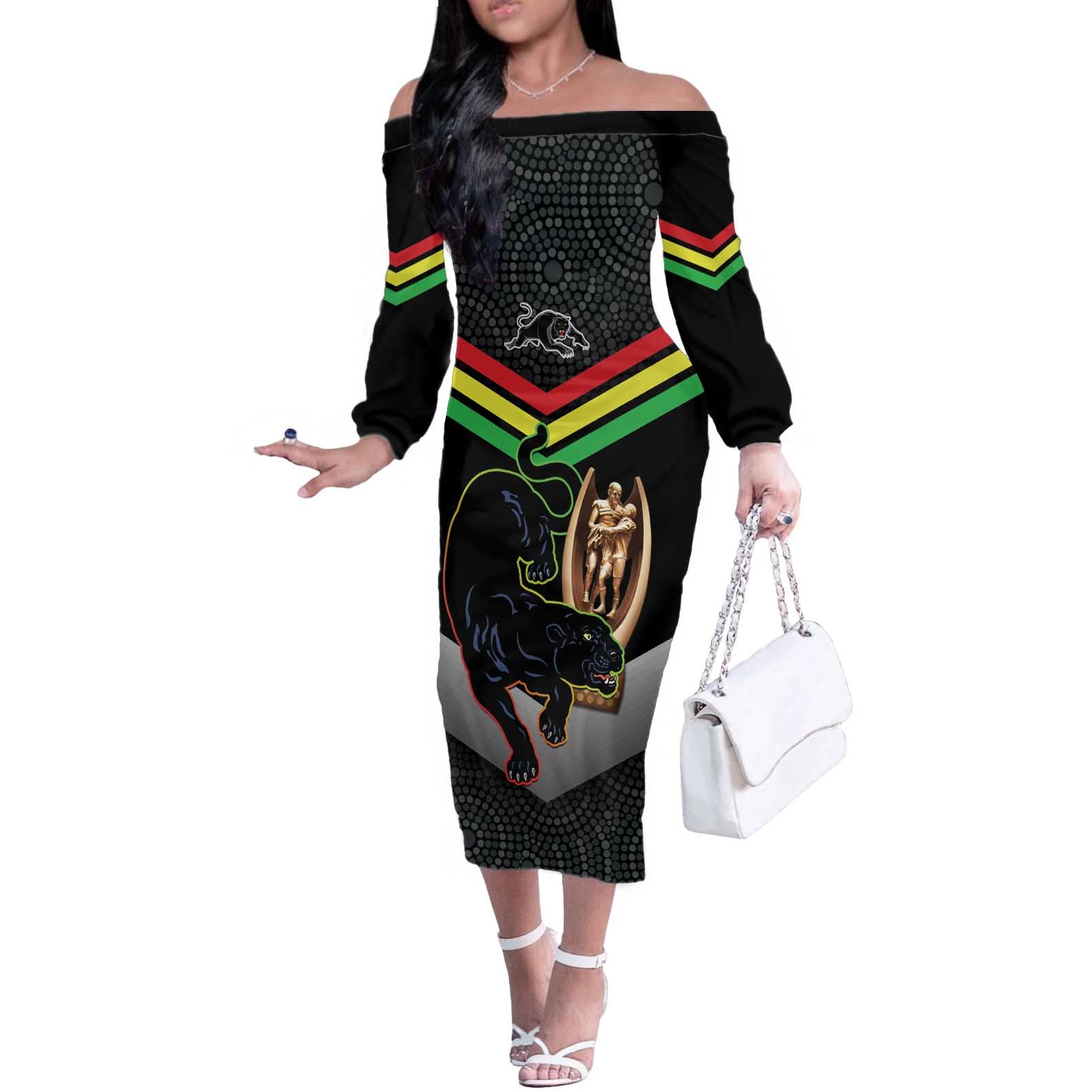 Personalised Panthers Rugby 2024 Off The Shoulder Long Sleeve Dress Mascot With Trophy Go Champions Aboriginal Art