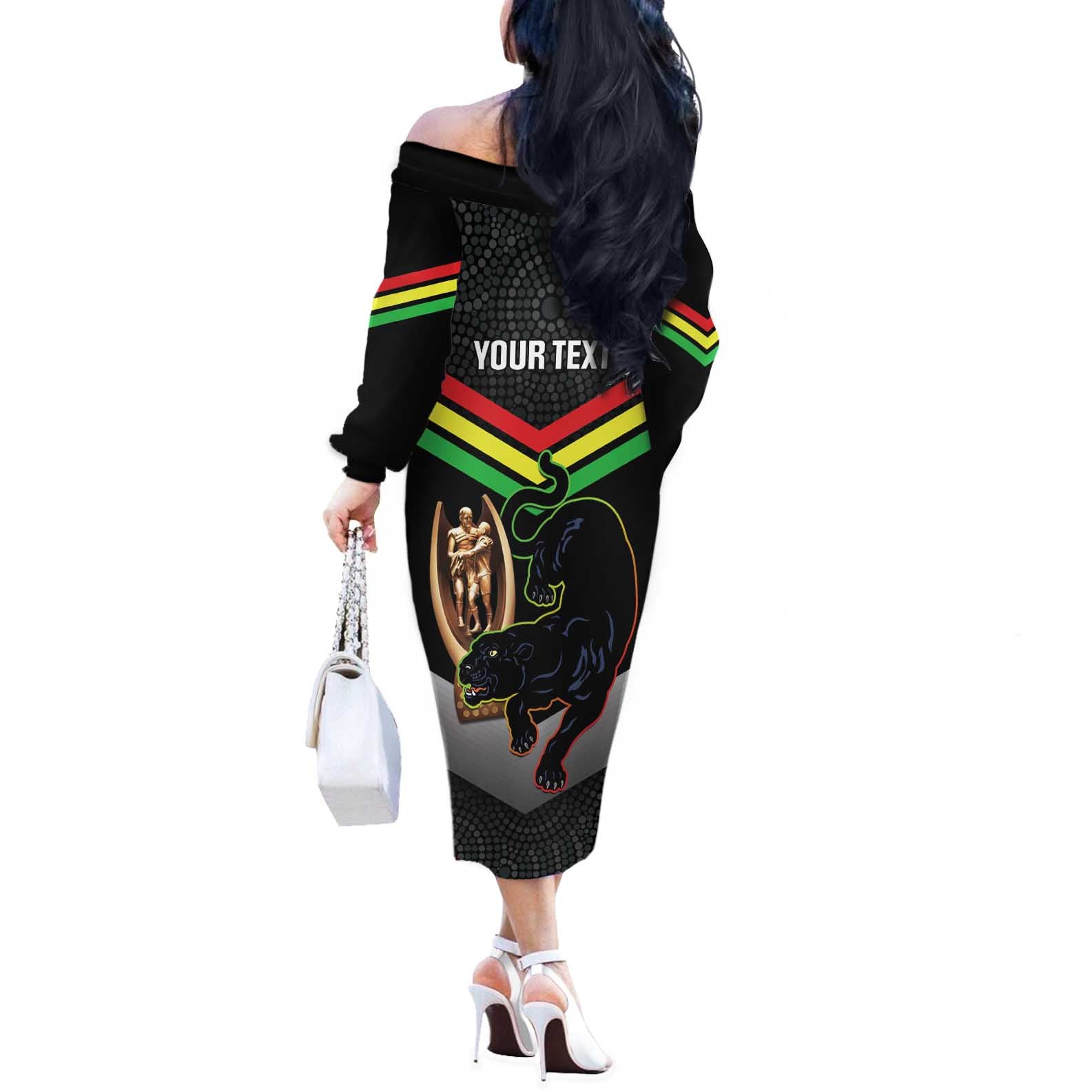 Personalised Panthers Rugby 2024 Off The Shoulder Long Sleeve Dress Mascot With Trophy Go Champions Aboriginal Art