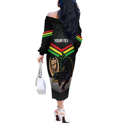 Personalised Panthers Rugby 2024 Off The Shoulder Long Sleeve Dress Mascot With Trophy Go Champions Aboriginal Art