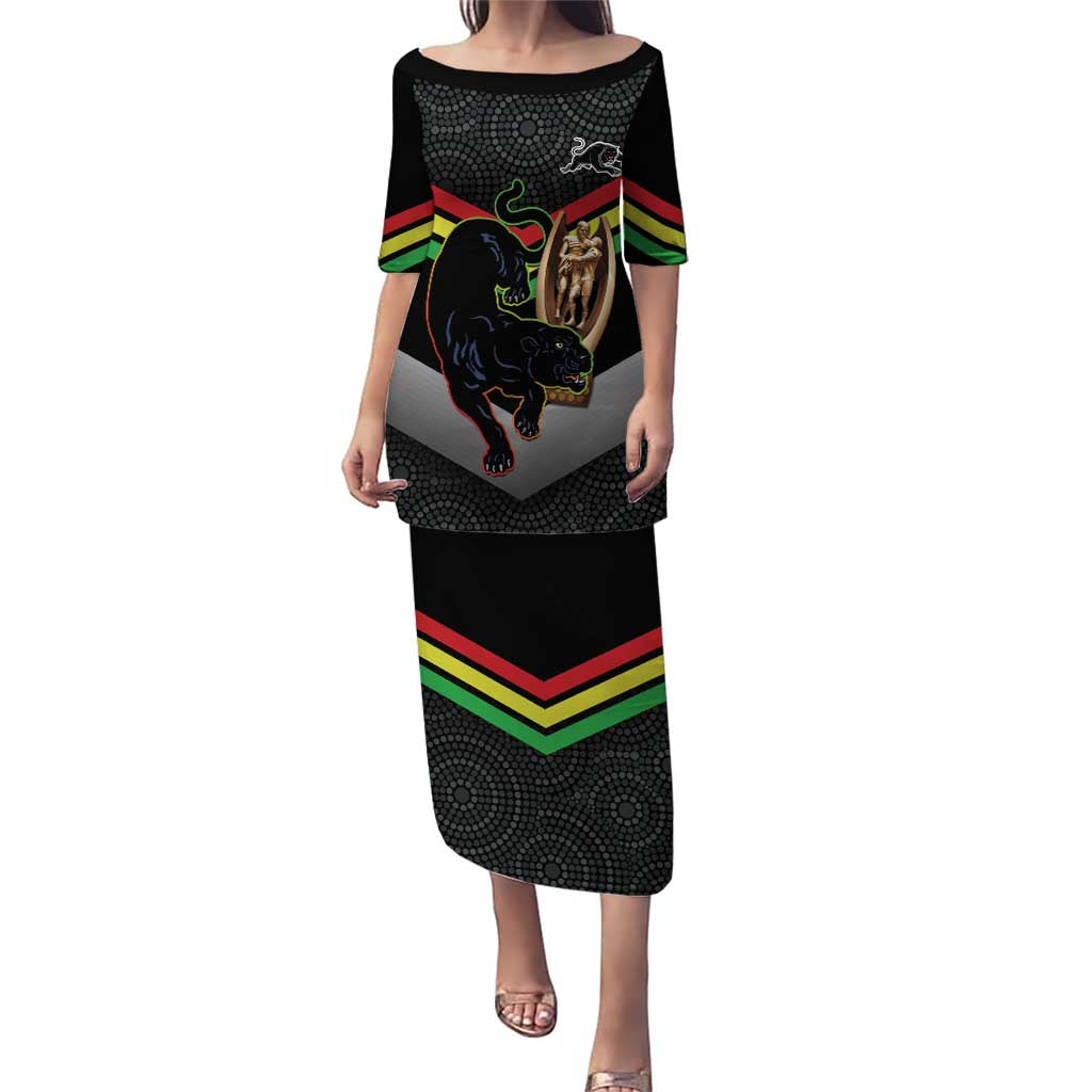 Personalised Panthers Rugby 2024 Puletasi Mascot With Trophy Go Champions Aboriginal Art