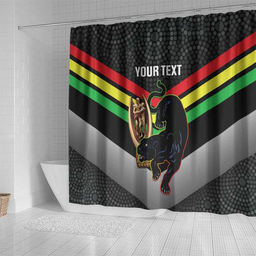 Personalised Panthers Rugby 2024 Shower Curtain Mascot With Trophy Go Champions Aboriginal Art