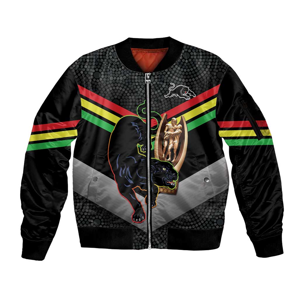 Personalised Panthers Rugby 2024 Sleeve Zip Bomber Jacket Mascot With Trophy Go Champions Aboriginal Art