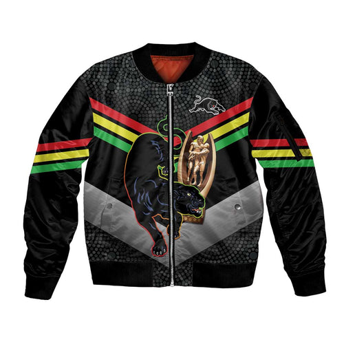 Personalised Panthers Rugby 2024 Sleeve Zip Bomber Jacket Mascot With Trophy Go Champions Aboriginal Art