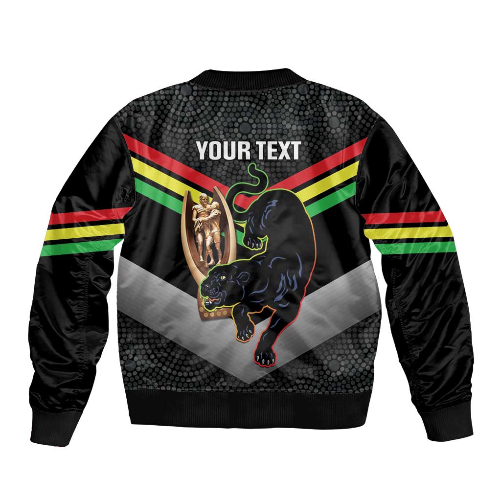 Personalised Panthers Rugby 2024 Sleeve Zip Bomber Jacket Mascot With Trophy Go Champions Aboriginal Art