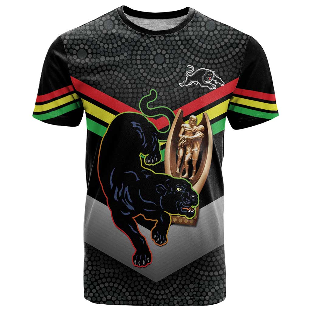 Personalised Panthers Rugby 2024 T Shirt Mascot With Trophy Go Champions Aboriginal Art
