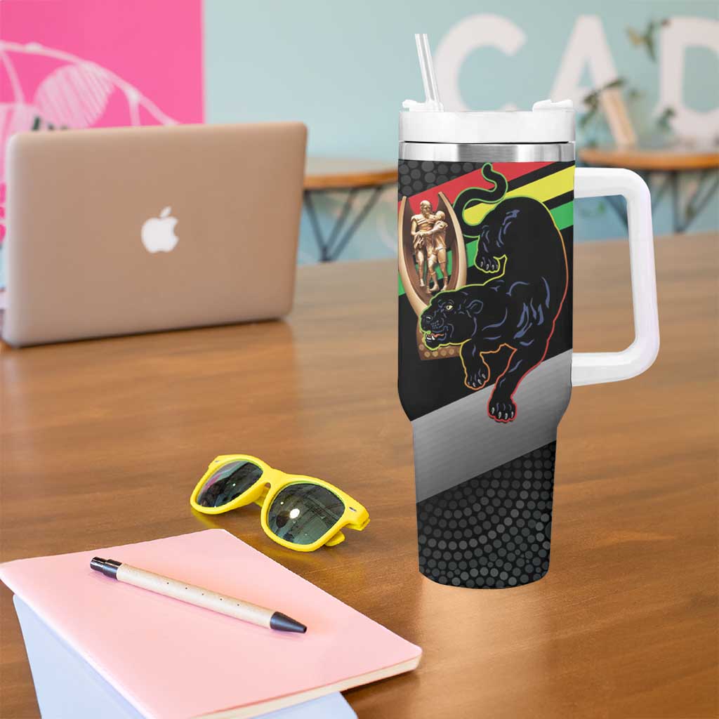 Personalised Panthers Rugby 2024 Tumbler With Handle Mascot With Trophy Go Champions Aboriginal Art