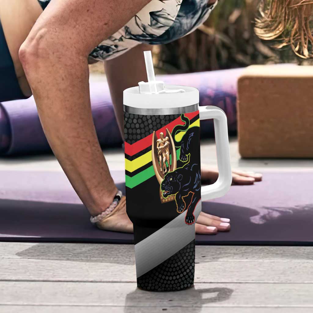 Personalised Panthers Rugby 2024 Tumbler With Handle Mascot With Trophy Go Champions Aboriginal Art