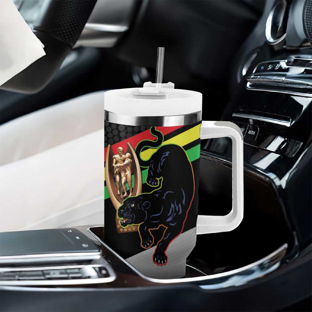Personalised Panthers Rugby 2024 Tumbler With Handle Mascot With Trophy Go Champions Aboriginal Art