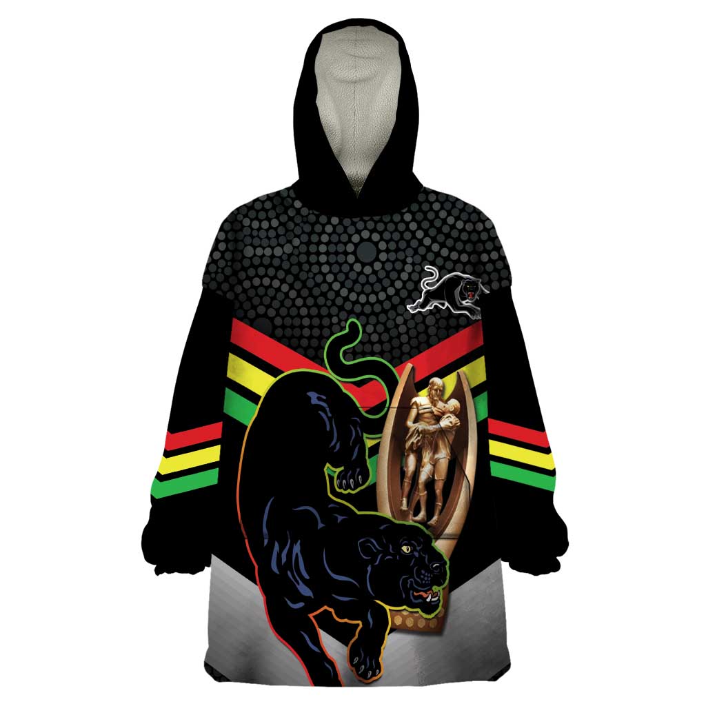 Personalised Panthers Rugby 2024 Wearable Blanket Hoodie Mascot With Trophy Go Champions Aboriginal Art