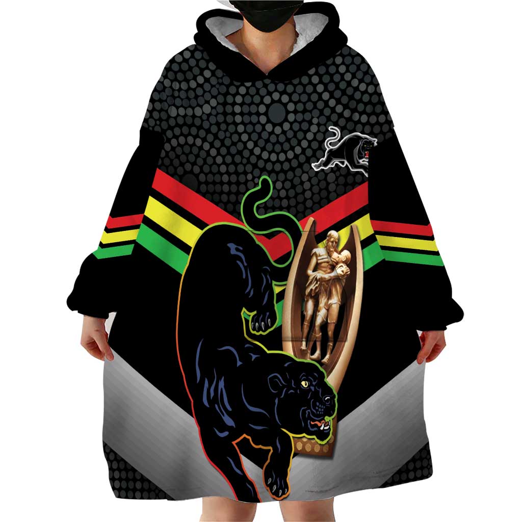 Personalised Panthers Rugby 2024 Wearable Blanket Hoodie Mascot With Trophy Go Champions Aboriginal Art