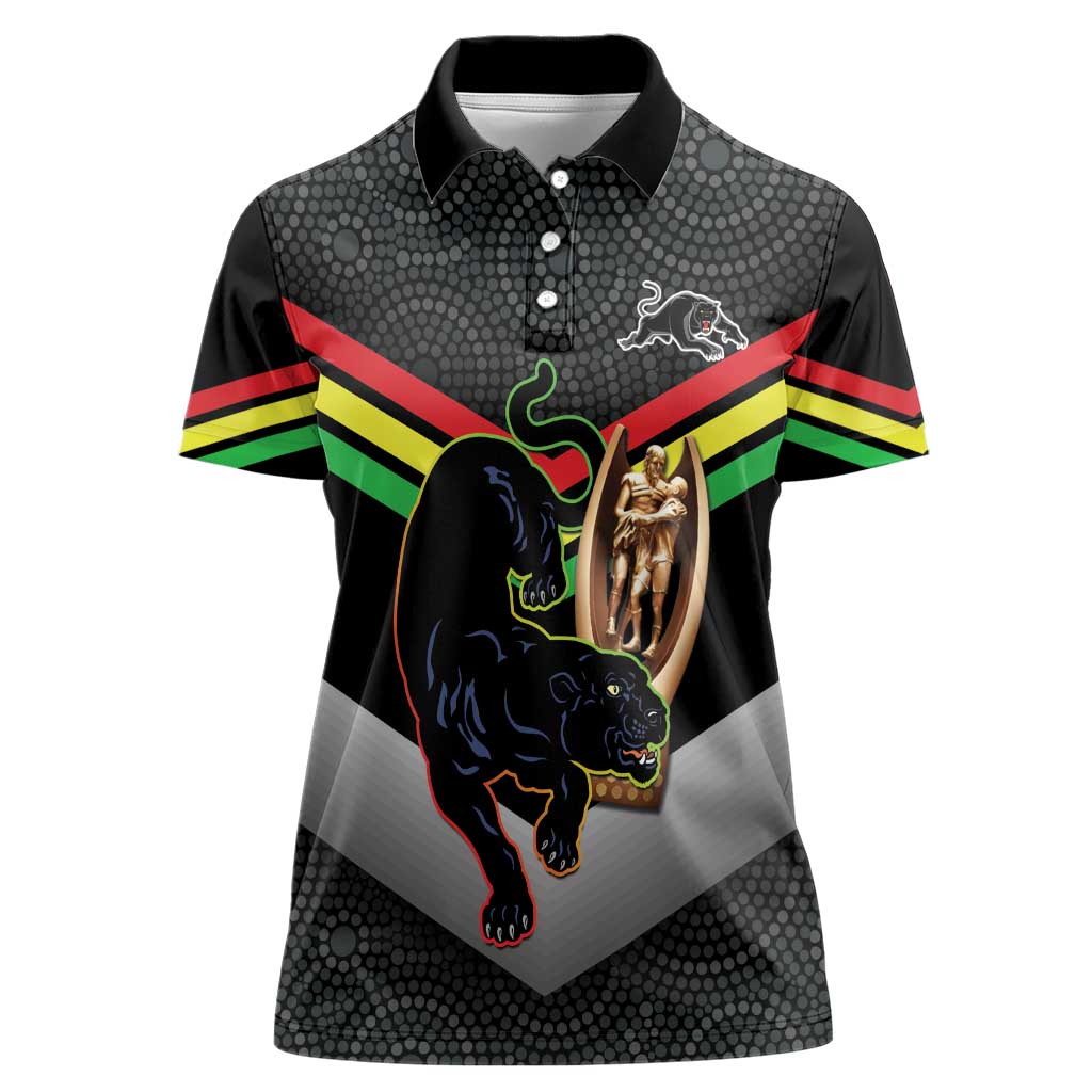 Personalised Panthers Rugby 2024 Women Polo Shirt Mascot With Trophy Go Champions Aboriginal Art