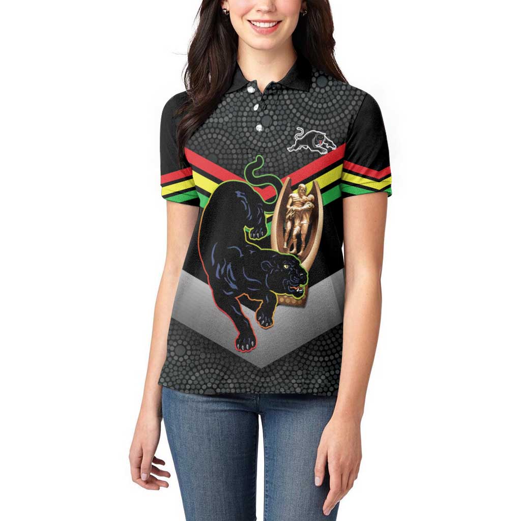 Personalised Panthers Rugby 2024 Women Polo Shirt Mascot With Trophy Go Champions Aboriginal Art