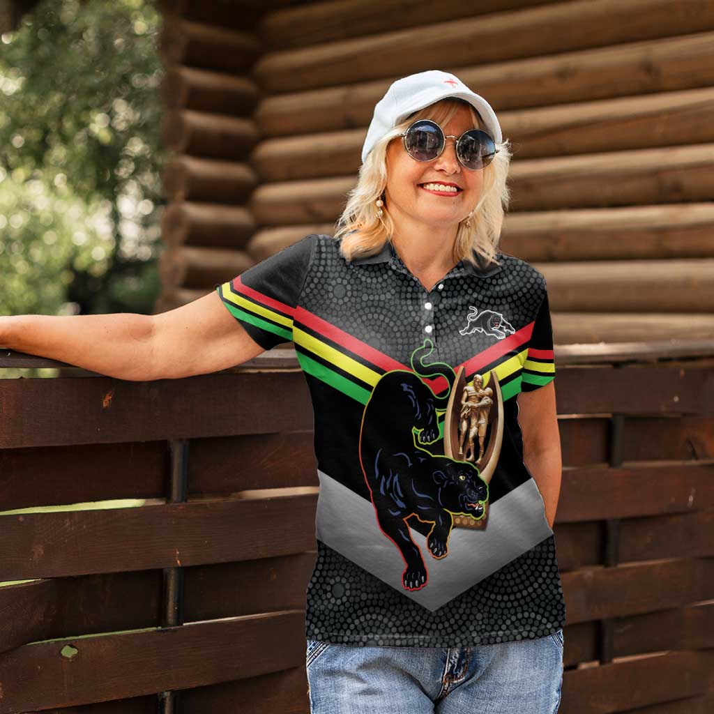 Personalised Panthers Rugby 2024 Women Polo Shirt Mascot With Trophy Go Champions Aboriginal Art