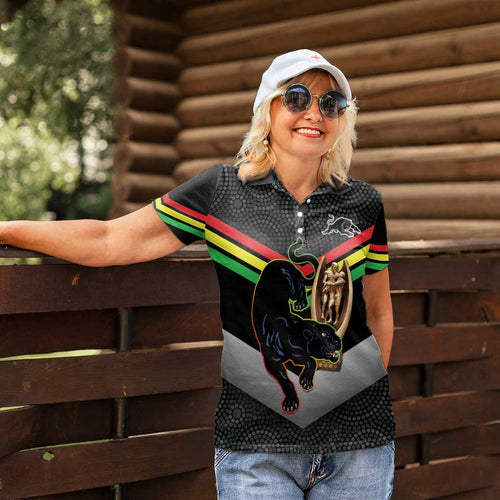 Personalised Panthers Rugby 2024 Women Polo Shirt Mascot With Trophy Go Champions Aboriginal Art