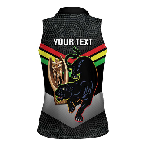 Personalised Panthers Rugby 2024 Women Sleeveless Polo Shirt Mascot With Trophy Go Champions Aboriginal Art