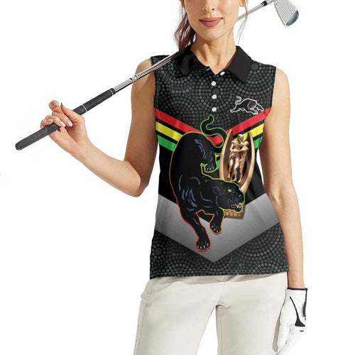 Personalised Panthers Rugby 2024 Women Sleeveless Polo Shirt Mascot With Trophy Go Champions Aboriginal Art