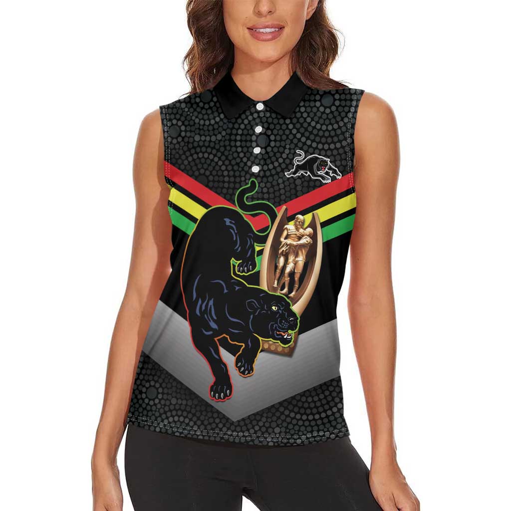 Personalised Panthers Rugby 2024 Women Sleeveless Polo Shirt Mascot With Trophy Go Champions Aboriginal Art