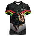 Personalised Panthers Rugby 2024 Women V-Neck T-Shirt Mascot With Trophy Go Champions Aboriginal Art