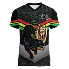 Personalised Panthers Rugby 2024 Women V-Neck T-Shirt Mascot With Trophy Go Champions Aboriginal Art