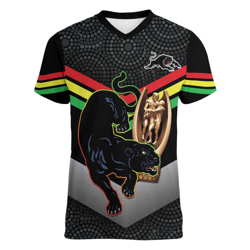 Personalised Panthers Rugby 2024 Women V-Neck T-Shirt Mascot With Trophy Go Champions Aboriginal Art
