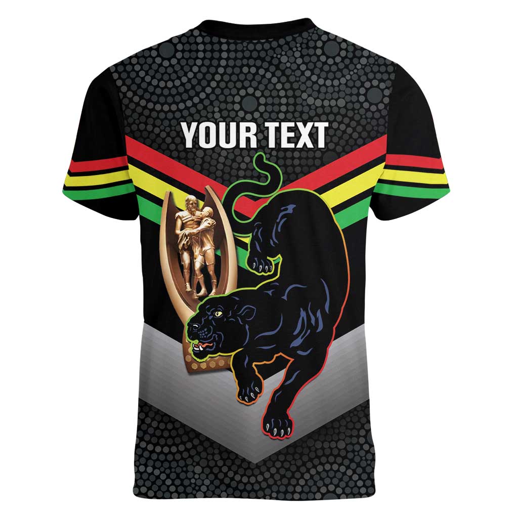 Personalised Panthers Rugby 2024 Women V-Neck T-Shirt Mascot With Trophy Go Champions Aboriginal Art