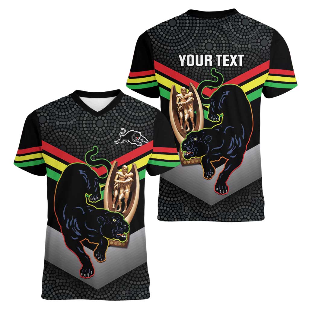 Personalised Panthers Rugby 2024 Women V-Neck T-Shirt Mascot With Trophy Go Champions Aboriginal Art