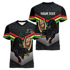Personalised Panthers Rugby 2024 Women V-Neck T-Shirt Mascot With Trophy Go Champions Aboriginal Art