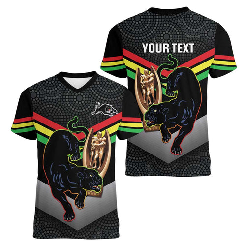 Personalised Panthers Rugby 2024 Women V-Neck T-Shirt Mascot With Trophy Go Champions Aboriginal Art