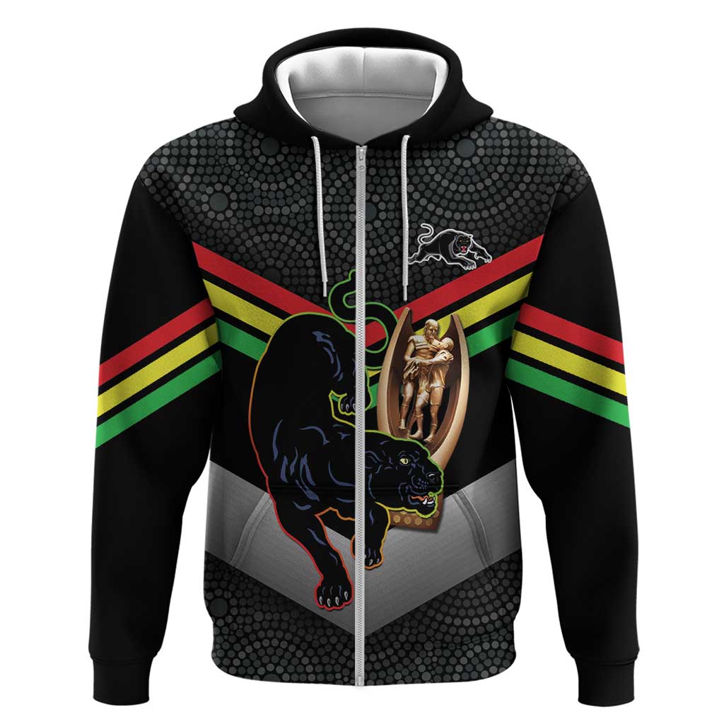 Personalised Panthers Rugby 2024 Zip Hoodie Mascot With Trophy Go Champions Aboriginal Art