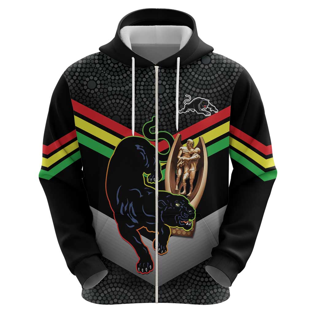Personalised Panthers Rugby 2024 Zip Hoodie Mascot With Trophy Go Champions Aboriginal Art
