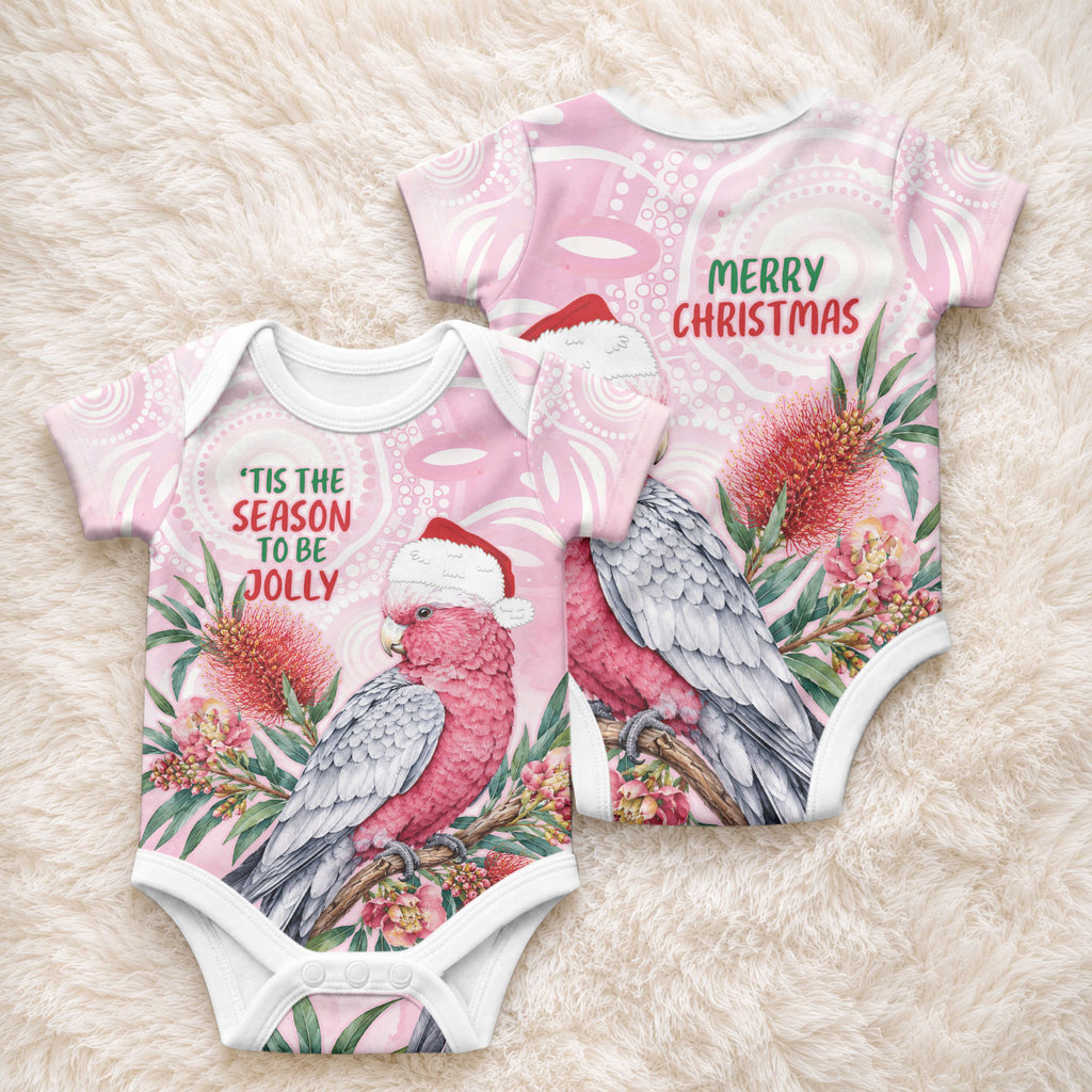 Pink Galah Christmas Australia Baby Onesie Watercolor Painting Aboriginal Art