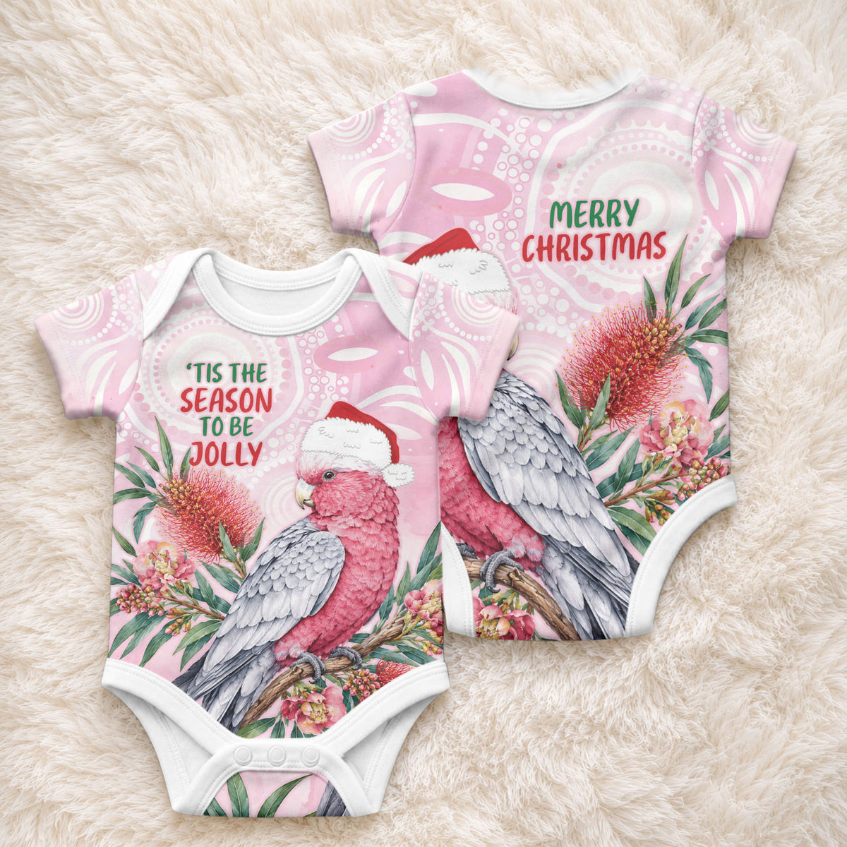 Pink Galah Christmas Australia Baby Onesie Watercolor Painting Aboriginal Art