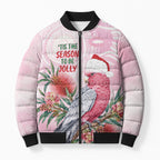 Pink Galah Christmas Australia Bomber Puffer Jacket Watercolor Painting Aboriginal Art