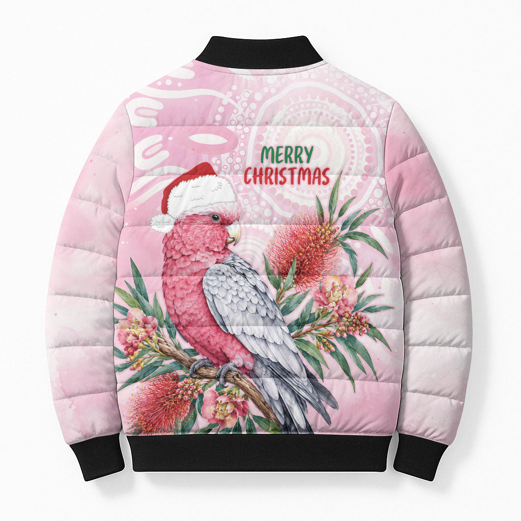Pink Galah Christmas Australia Bomber Puffer Jacket Watercolor Painting Aboriginal Art