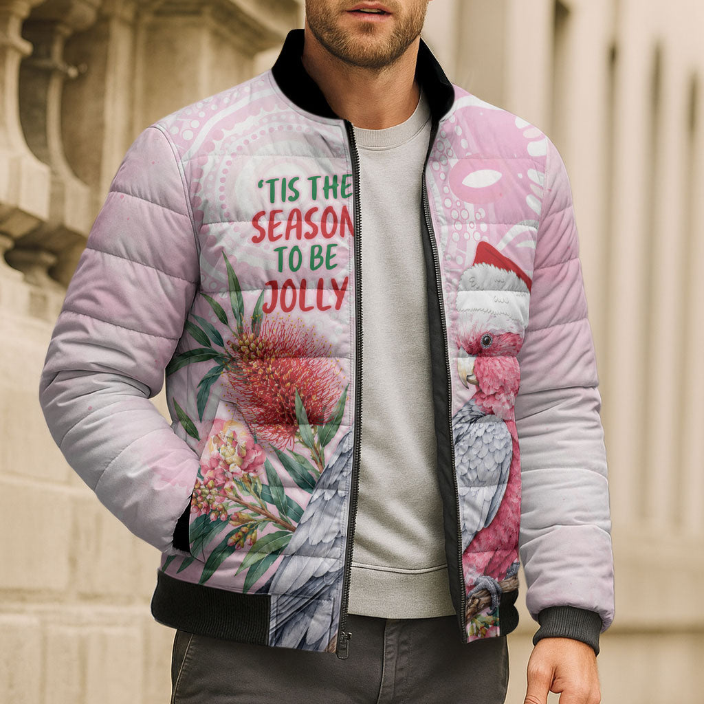 Pink Galah Christmas Australia Bomber Puffer Jacket Watercolor Painting Aboriginal Art