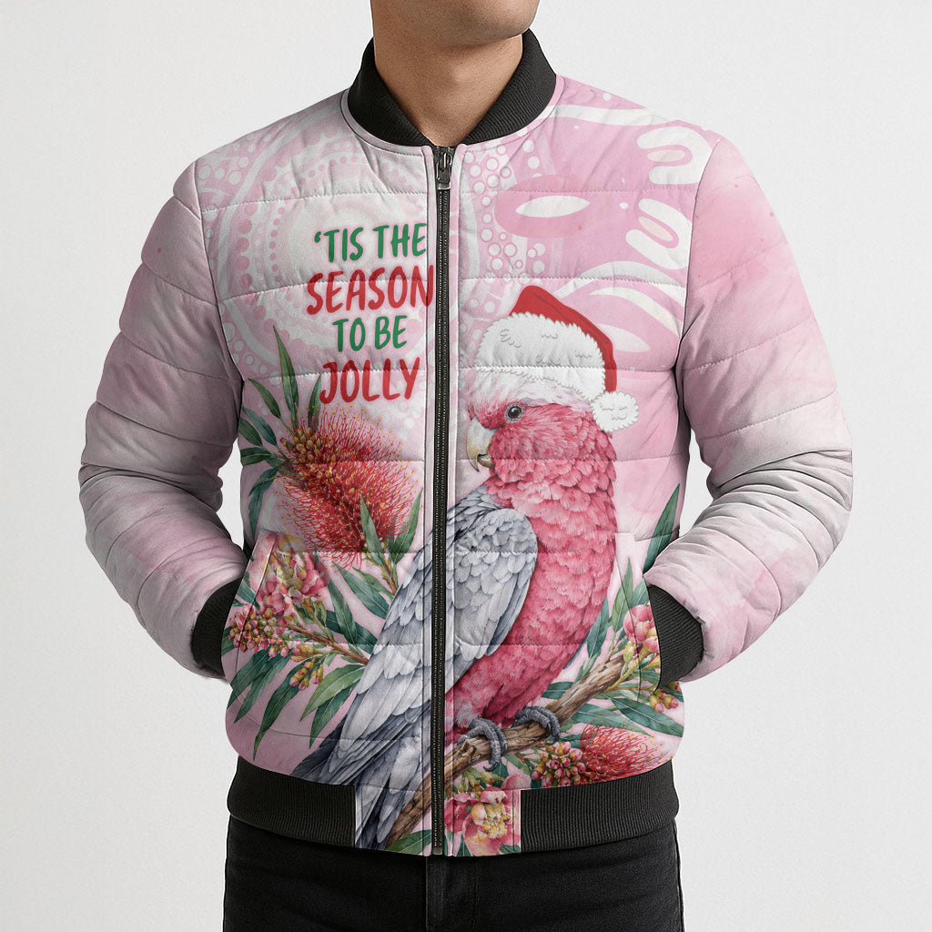 Pink Galah Christmas Australia Bomber Puffer Jacket Watercolor Painting Aboriginal Art