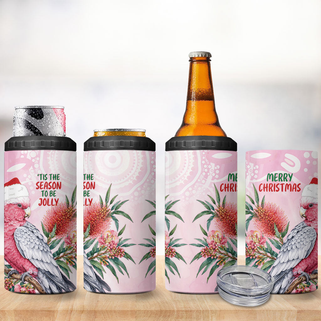 Pink Galah Christmas Australia 4 in 1 Can Cooler Tumbler Watercolor Painting Aboriginal Art