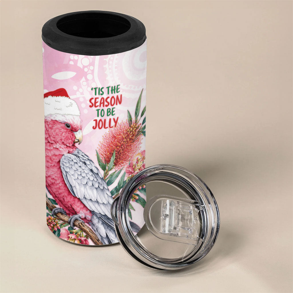 Pink Galah Christmas Australia 4 in 1 Can Cooler Tumbler Watercolor Painting Aboriginal Art