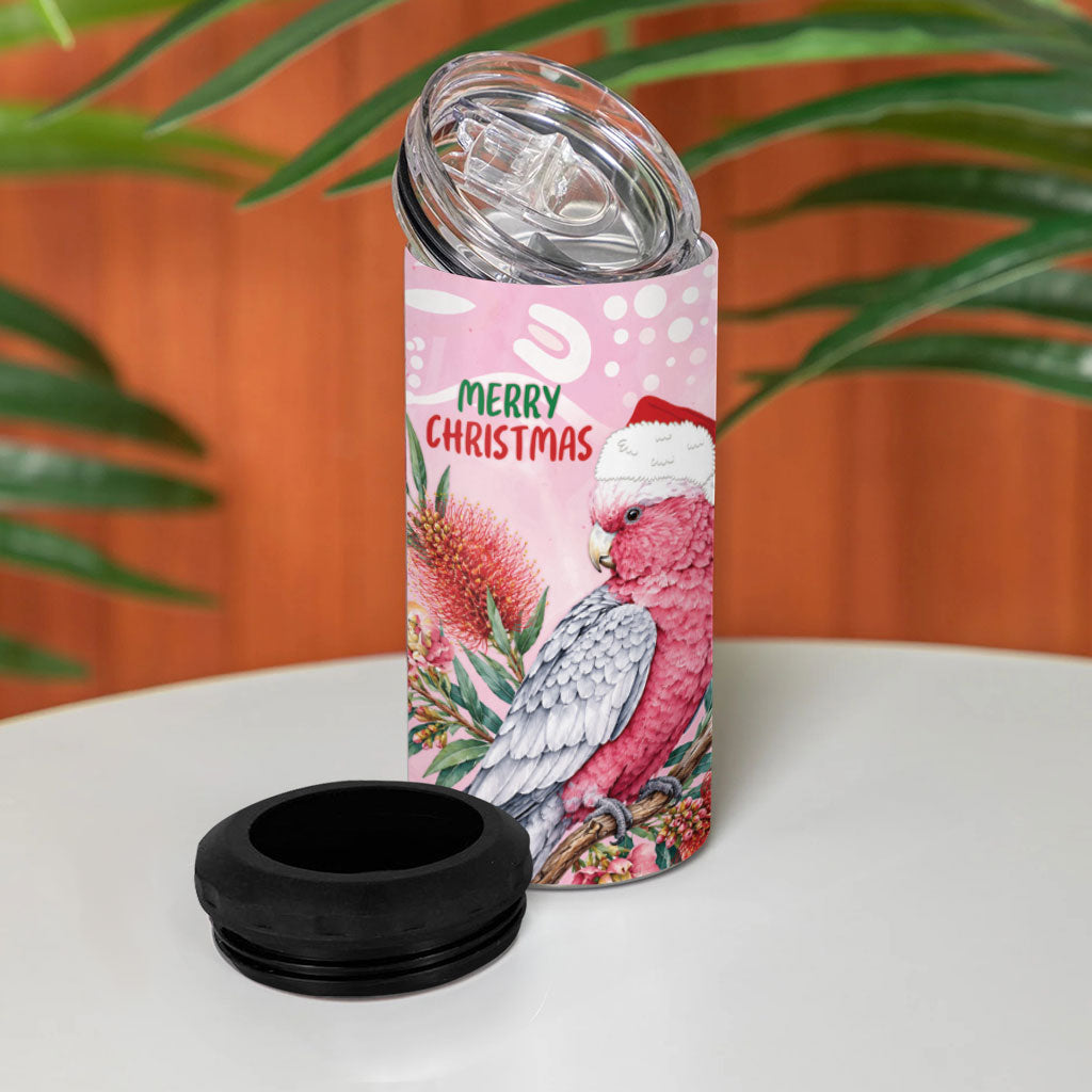 Pink Galah Christmas Australia 4 in 1 Can Cooler Tumbler Watercolor Painting Aboriginal Art